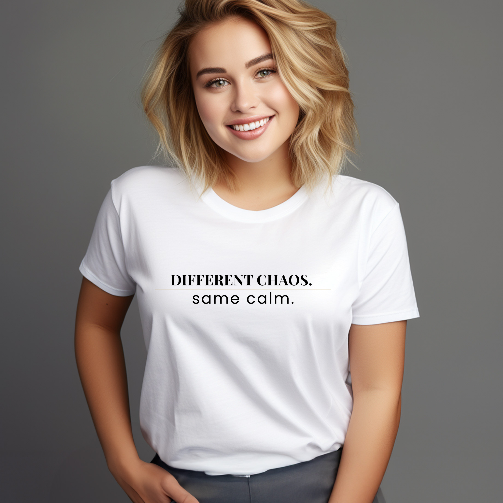 Plainora Calm Tee — “Different Chaos. Same Calm.” (White)