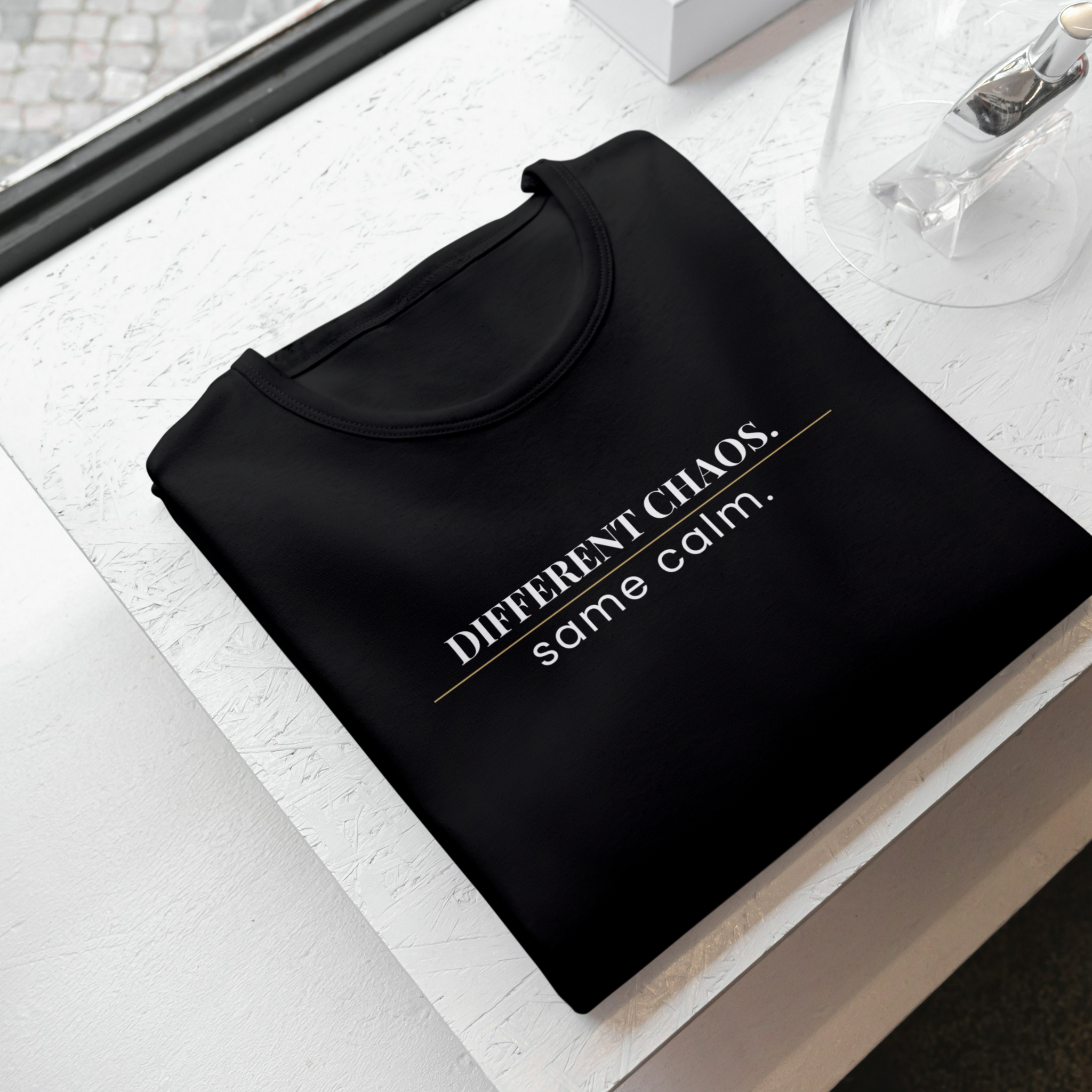 Plainora Black Aura Tee — “Different Chaos. Same Calm.”