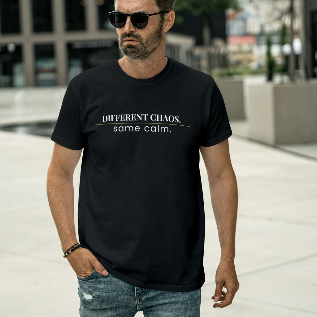 Plainora Black Aura Tee — “Different Chaos. Same Calm.”