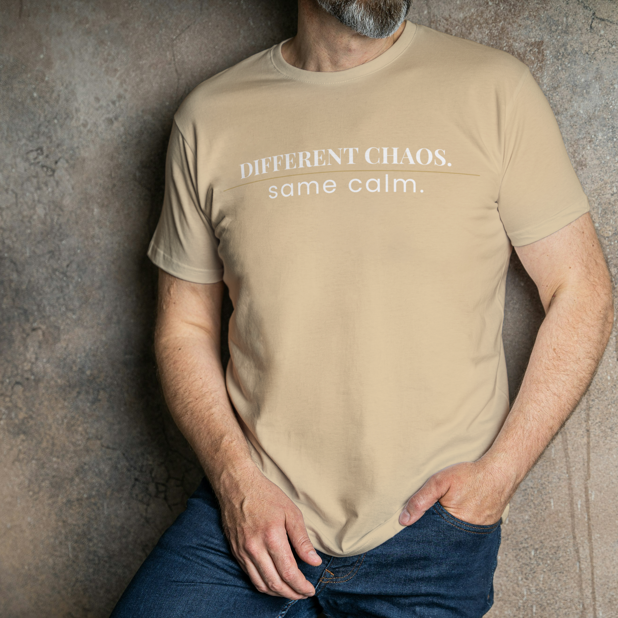 Plainora Beige Aura Tee — “Different Chaos. Same Calm.”