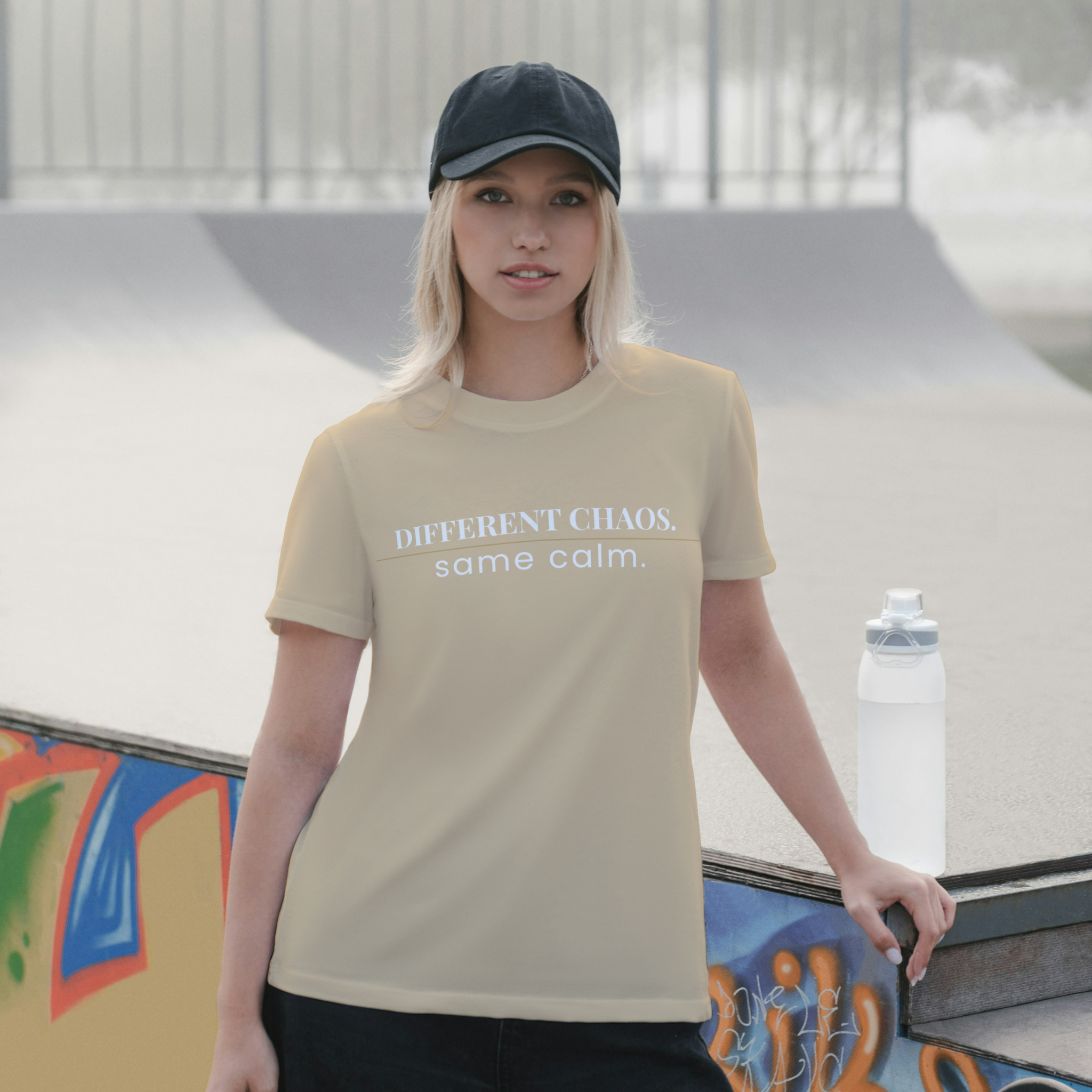 Plainora Beige Aura Tee — “Different Chaos. Same Calm.”